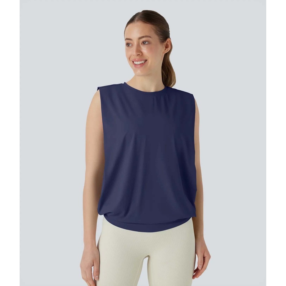 Halara Navy Blue Round Neck Ruched Cool Touch Yoga Tank Top-UPF50+ Large